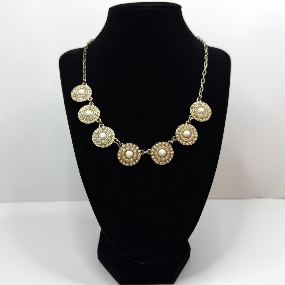 Crystal Faceted Medallion Bib Statement Necklace Gold Tone Beaded 20.5 in L